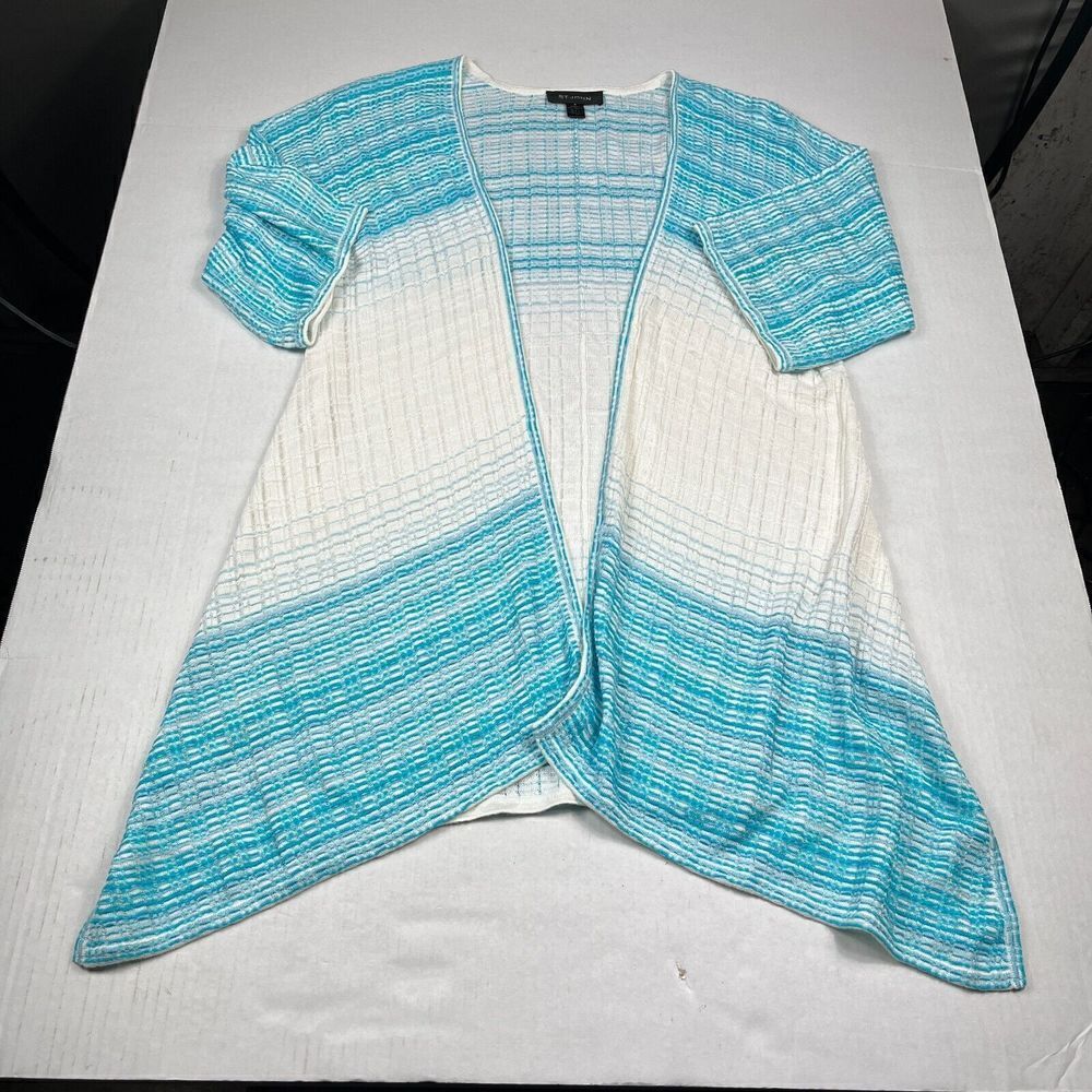 St John Wool Blend Long Cardigan Blue Ivory 3/4 Sleeve Open Front Sweater SMALL